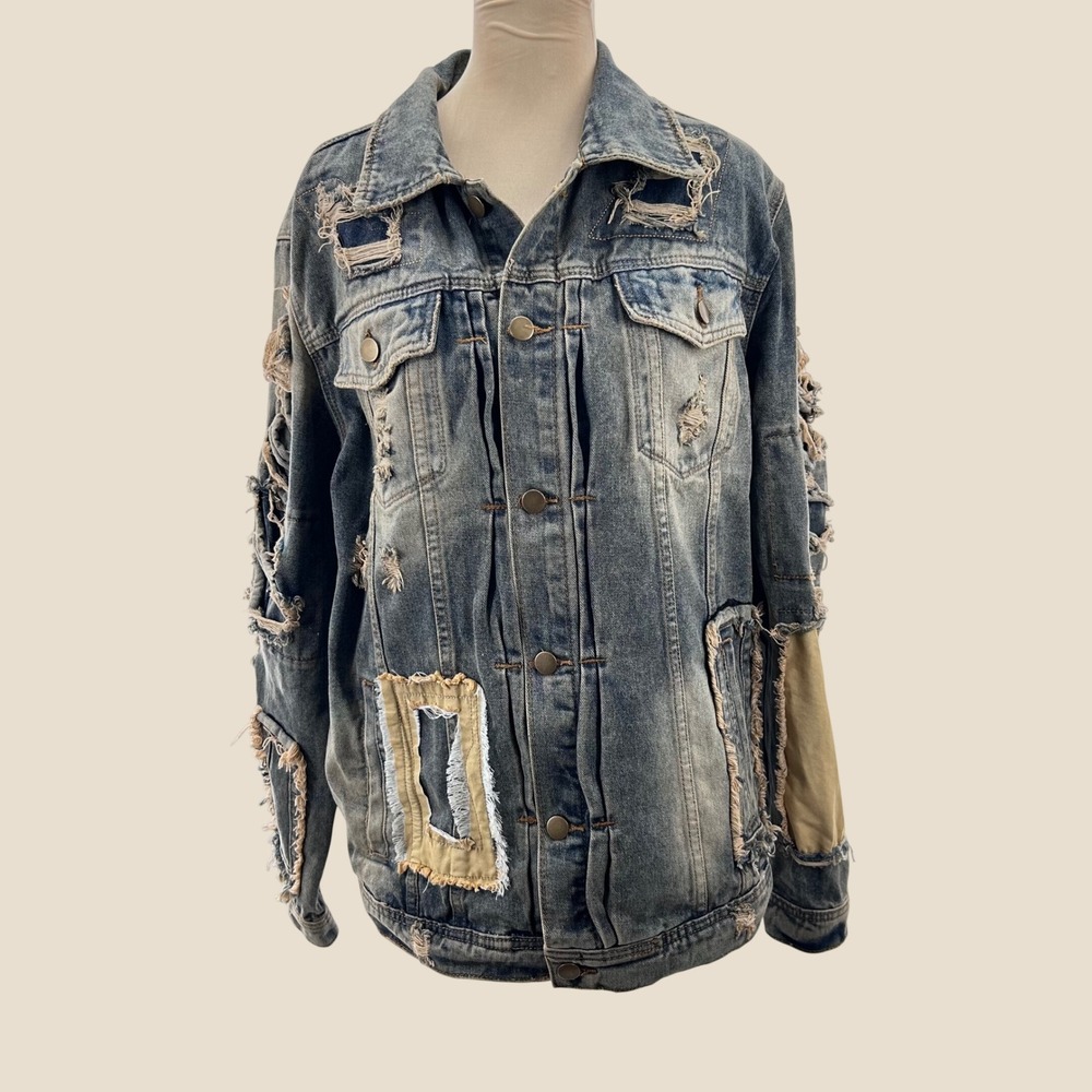 Manfinity Distressed Patchwork Denim Trucker Jacket Blue Large Streetwear Edge